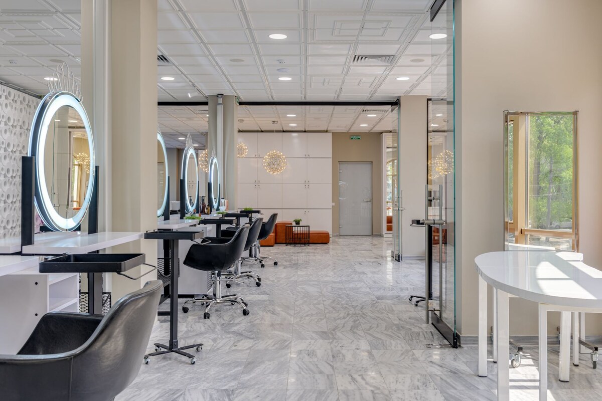 Bright salon with multiple professional workstations